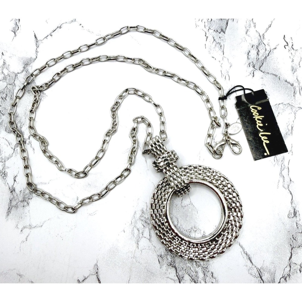 Cookie‎ Lee Silver Mesh Pendant Necklace Double Clasp 31" NWT Statement